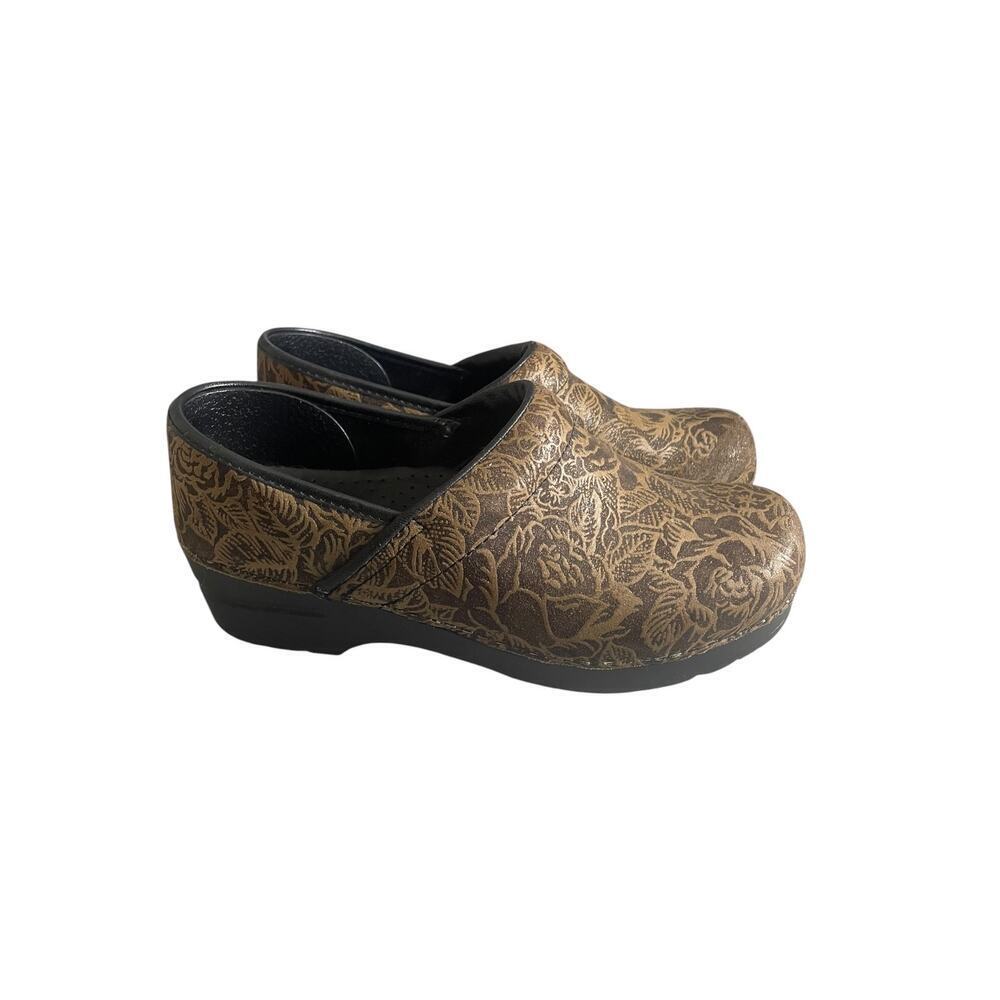 Sanita Women’s Brown Glitter Floral Print Leather Clogs Size-39 (US-7.5/8)